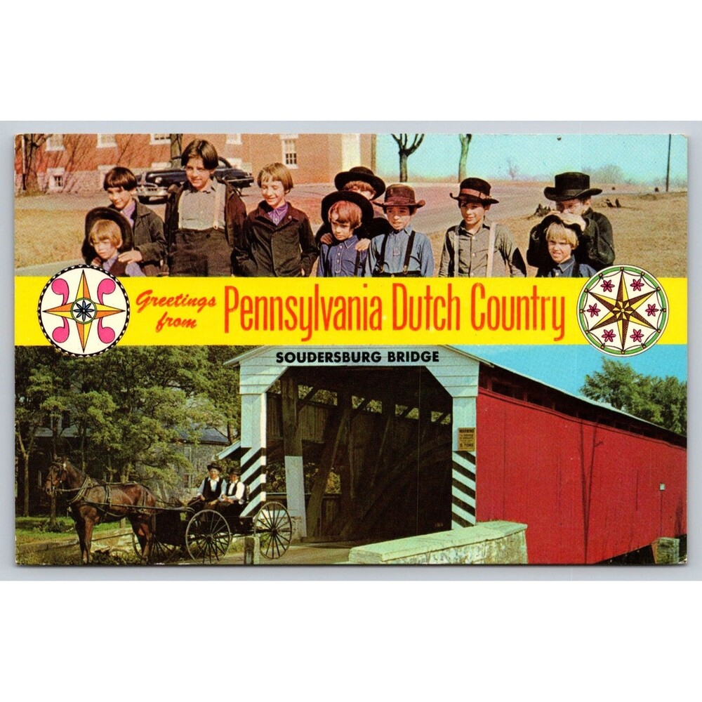 Vtg Postcard Greetings From Pennsylvania Dutch Country Soudersburg Bridge Amish